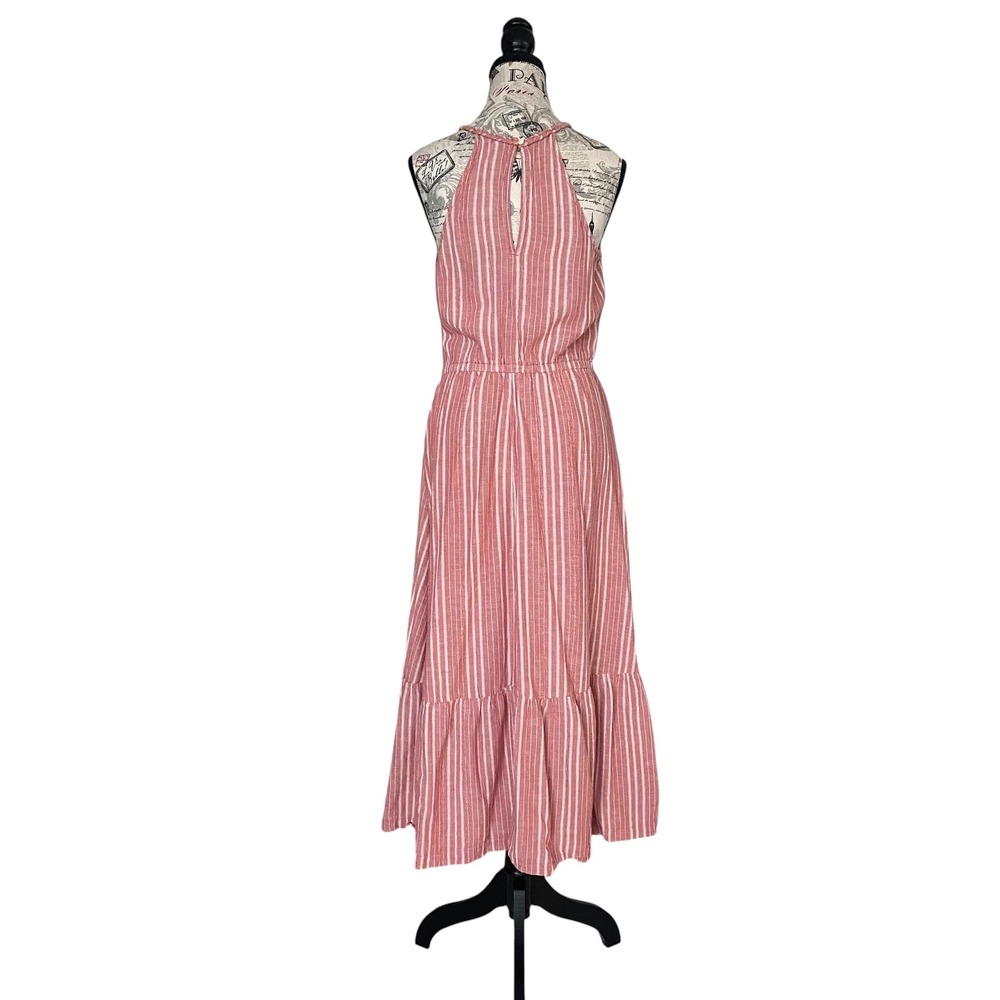 Old Navy Midi Dress Womens Medium Red Stripe Linen Blend Braided Halter Boho - Picture 3 of 12